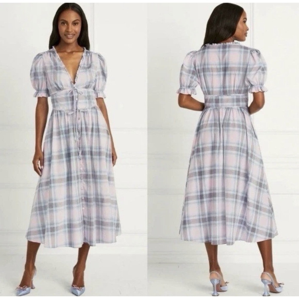 Hill House Sabrina Dress Gingham Blue Pink SZ L Cottage Boho Coastal Euro Garden